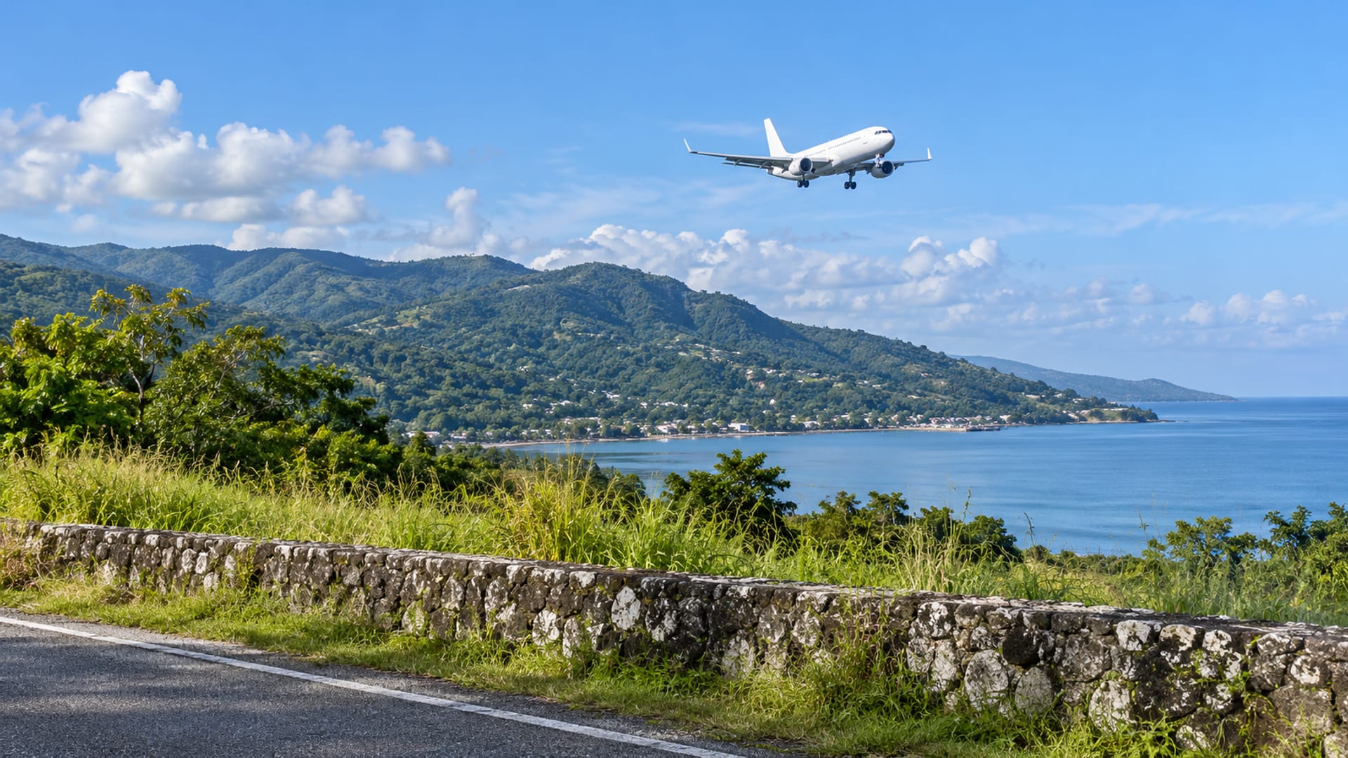 A distant passenger aircraft descending above green hills and a bay seen from a quiet roadside lay by