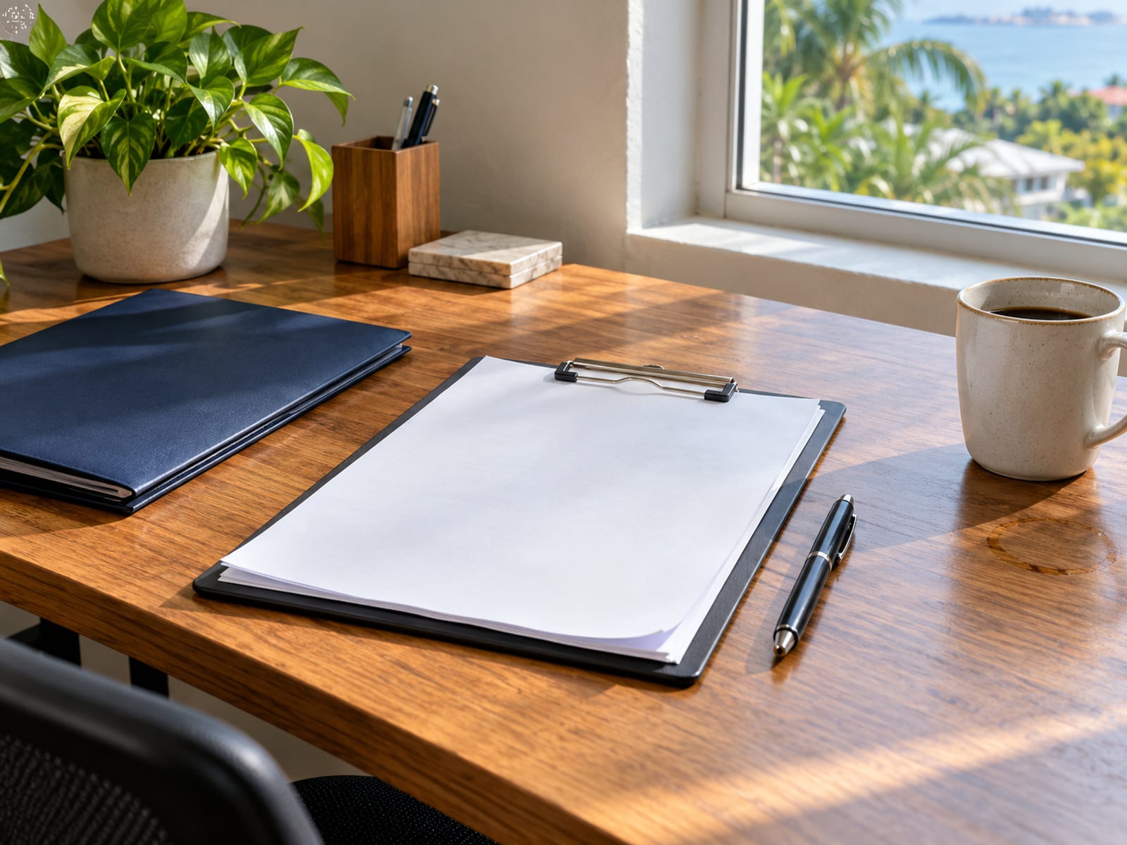 Tidy wooden desk with a clipboard holding blank sheets, a pen and a folder beside a window