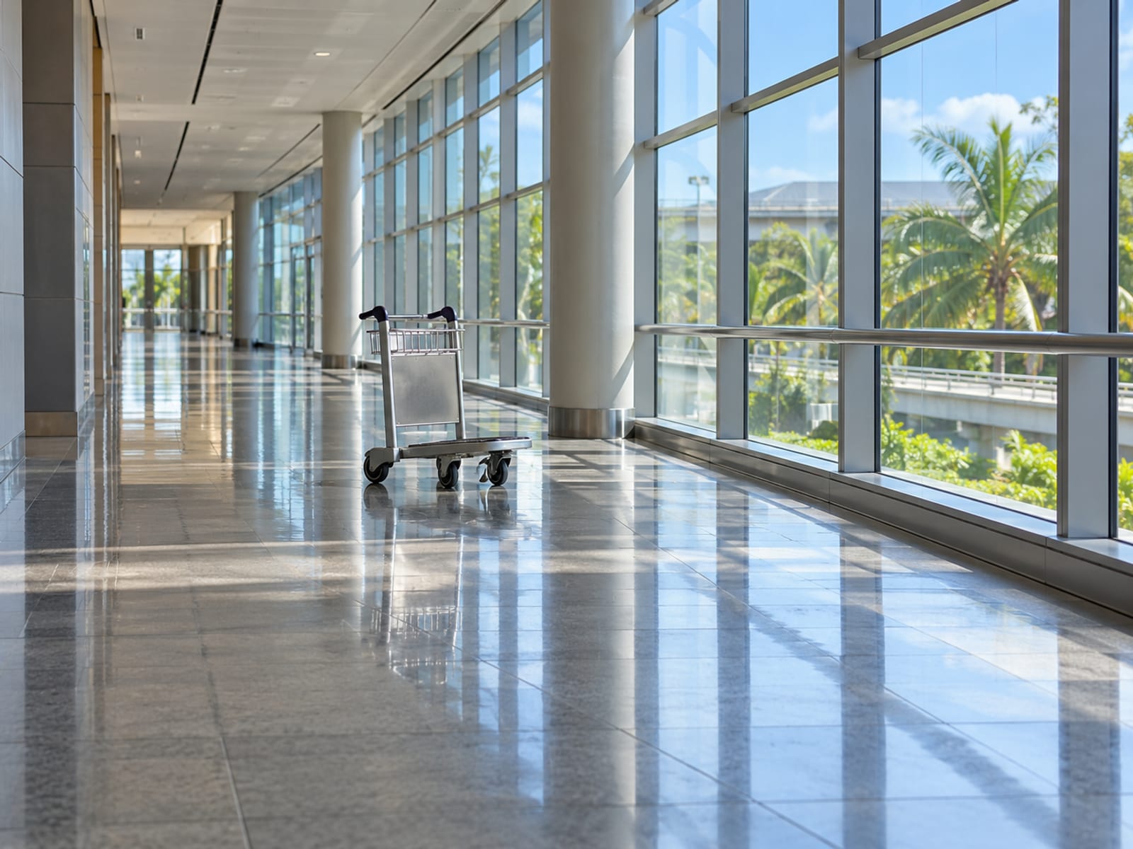 Single empty luggage trolley standing in a long polished corridor with glass wall and daylight