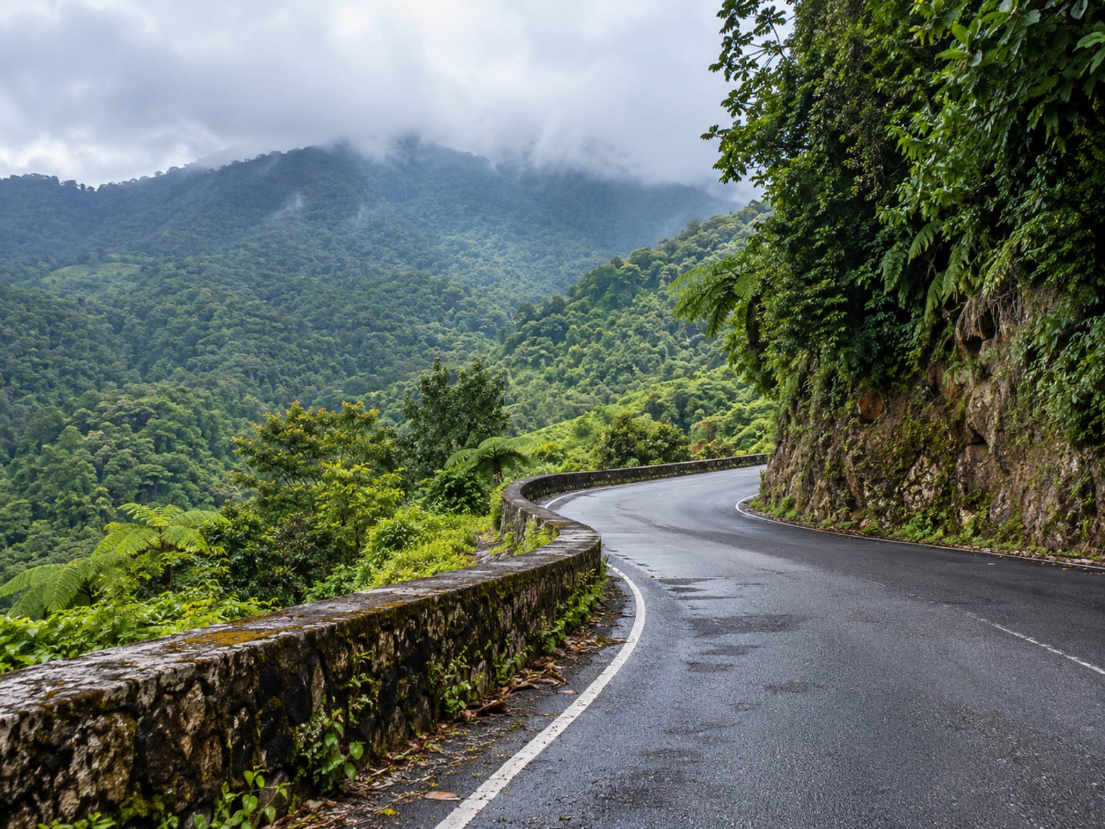 Narrow winding road climbing through dense green hills with low cloud over the ridge