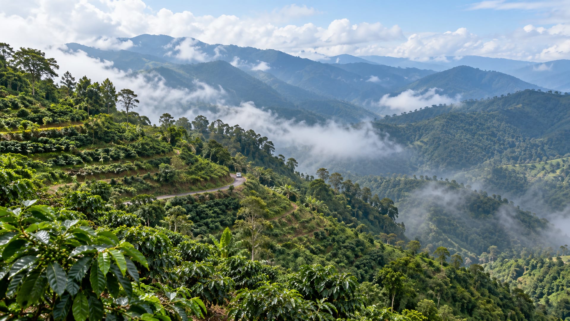 Layers of misty green ridges with small coffee terraces on the nearest slope and cloud in the valleys