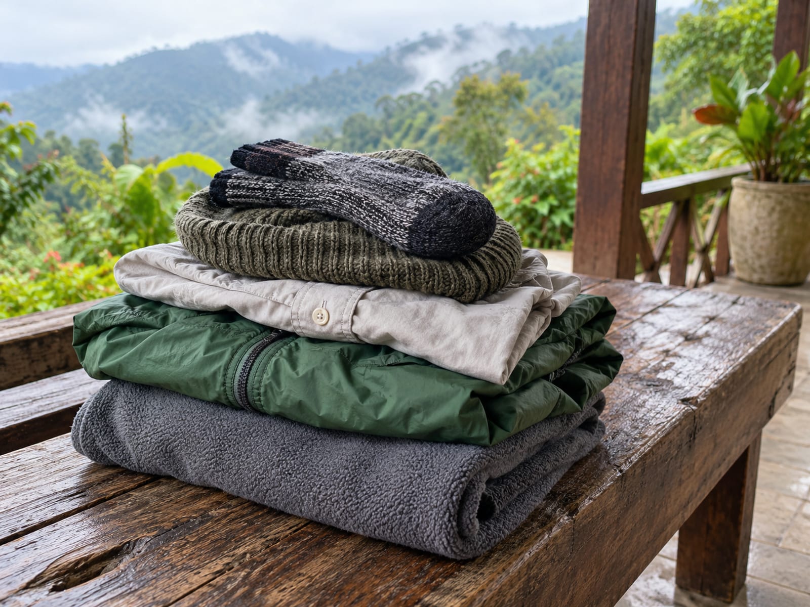 A folded fleece, a light rain jacket, a long-sleeved shirt and a knitted hat stacked on a wooden bench