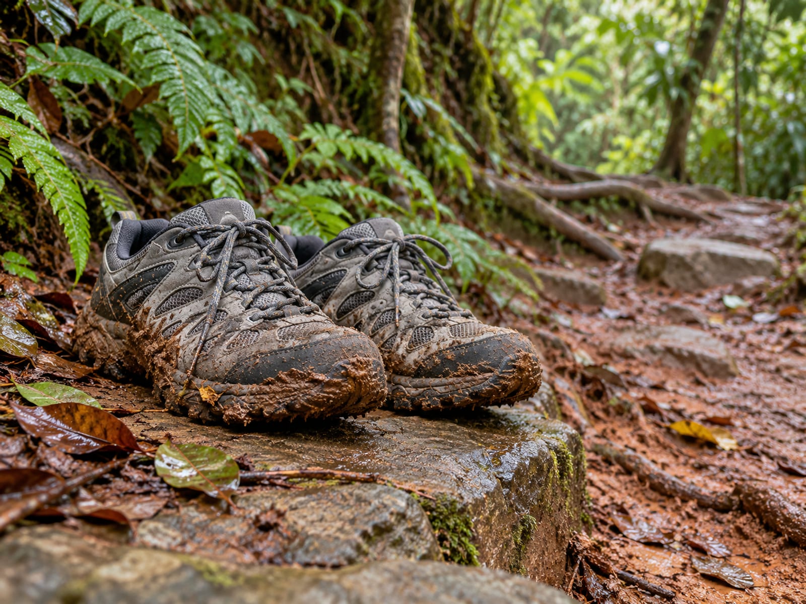 A pair of grippy walking shoes with mud on the soles beside a damp trail with ferns