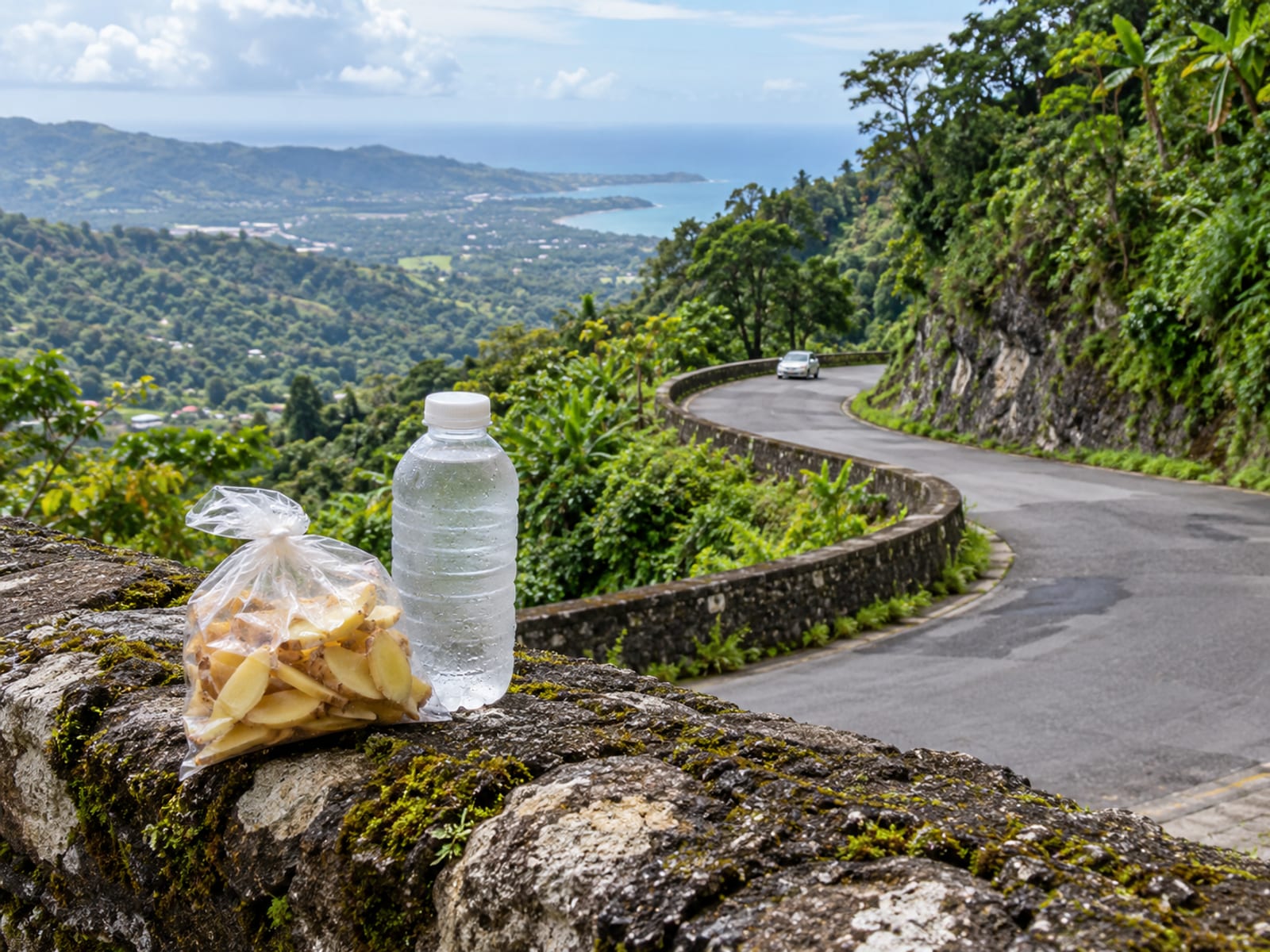A small clear bag of sliced ginger and a plain water bottle on a roadside wall above a winding mountain road
