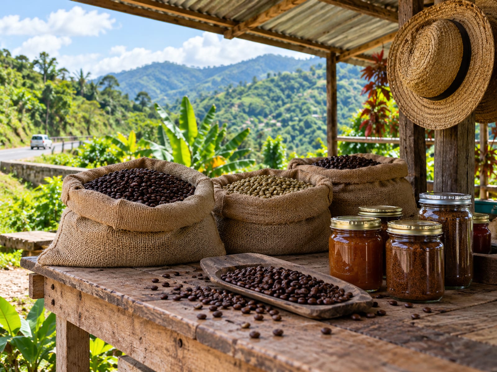 A wooden table with open sacks of coffee beans and unlabelled glass jars of jam and spice in daylight