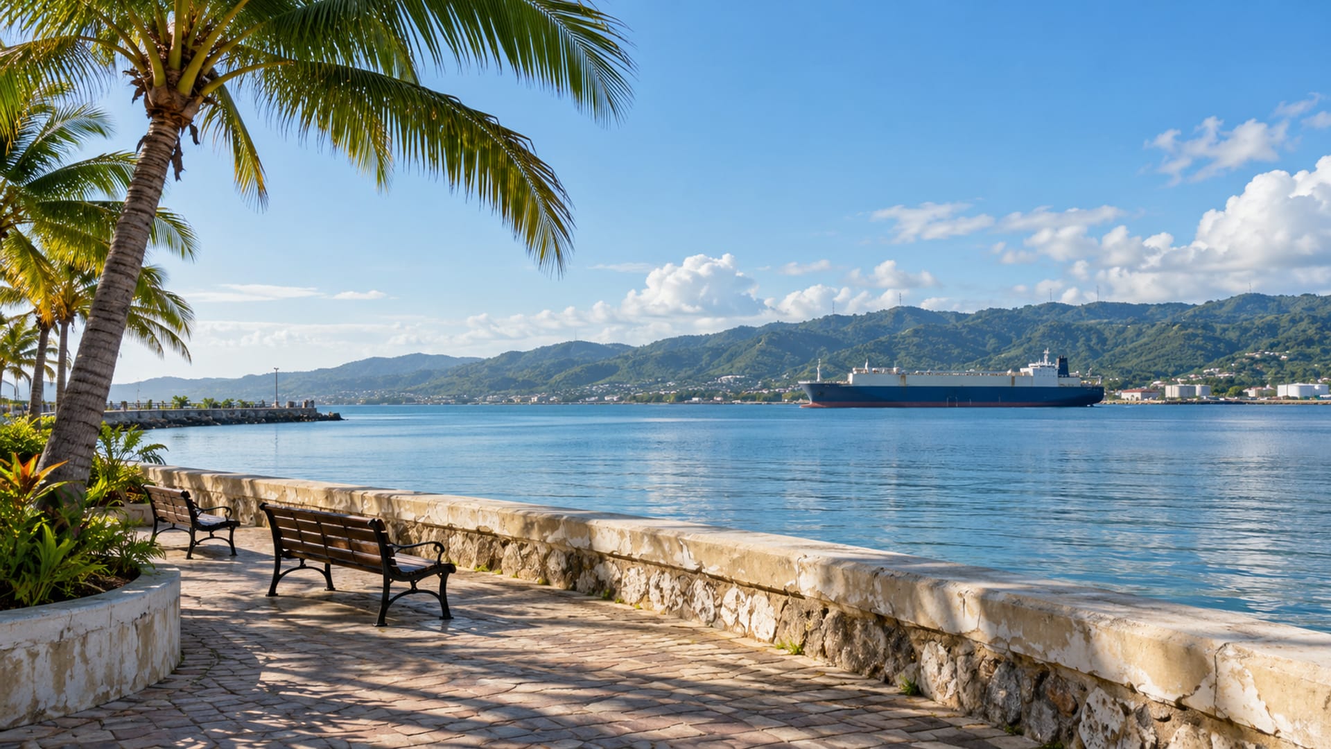 Quiet waterfront wall and palms in the foreground with a large ship on the water in the far distance