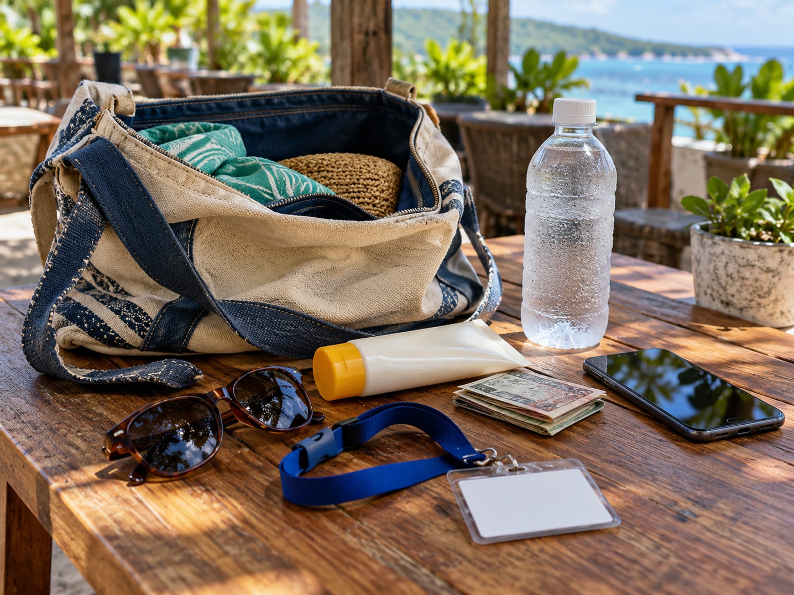 Small canvas shore bag with sunglasses, sunscreen, blank cards, cash and a water bottle on a table