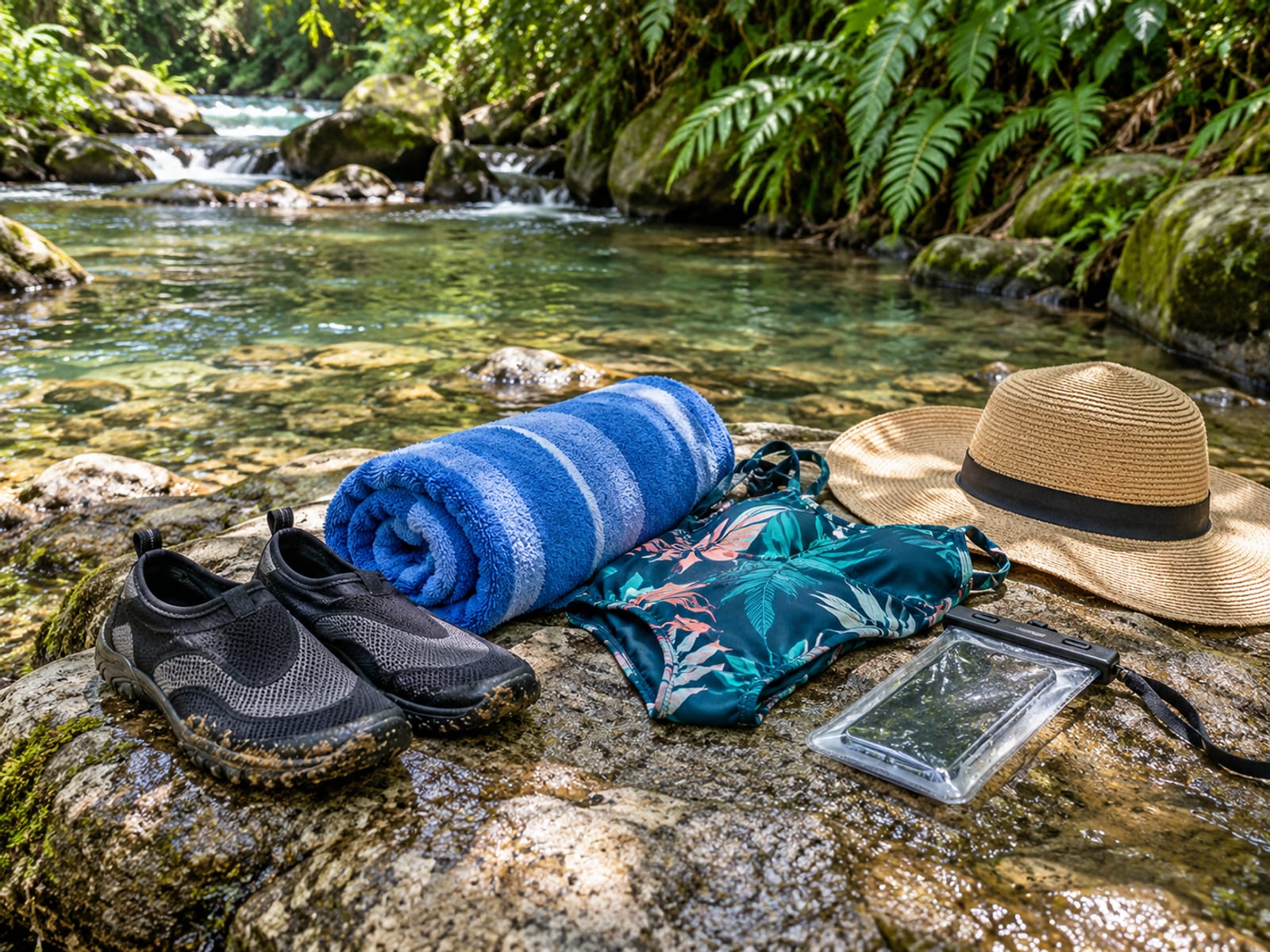 Water shoes, towel, swimsuit and waterproof phone pouch on a flat river rock beside clear water