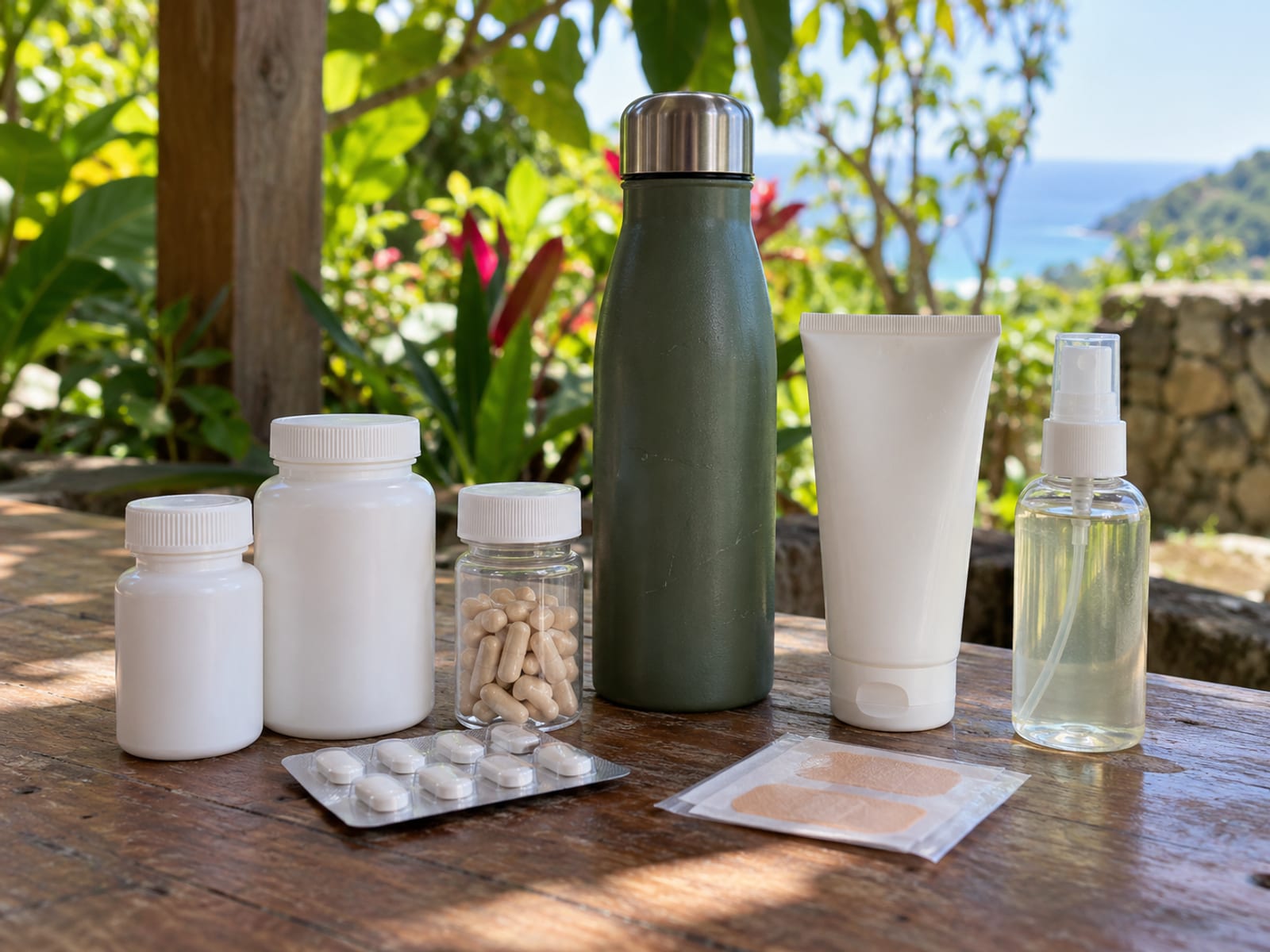Plain medicine containers, a water bottle, sunscreen tube and repellent on a shaded table