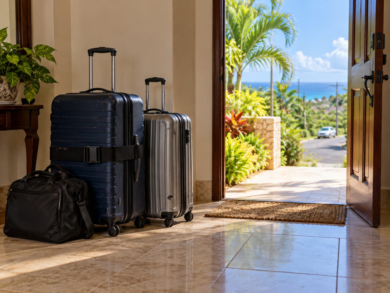 Two closed suitcases and a small bag standing in a tiled hallway beside an open door with a far view of a road