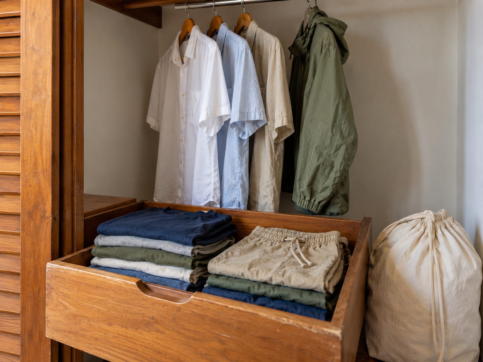 Open wooden drawer with stacks of folded tops and shorts, a drawstring laundry bag beside it and three light shirts on hangers