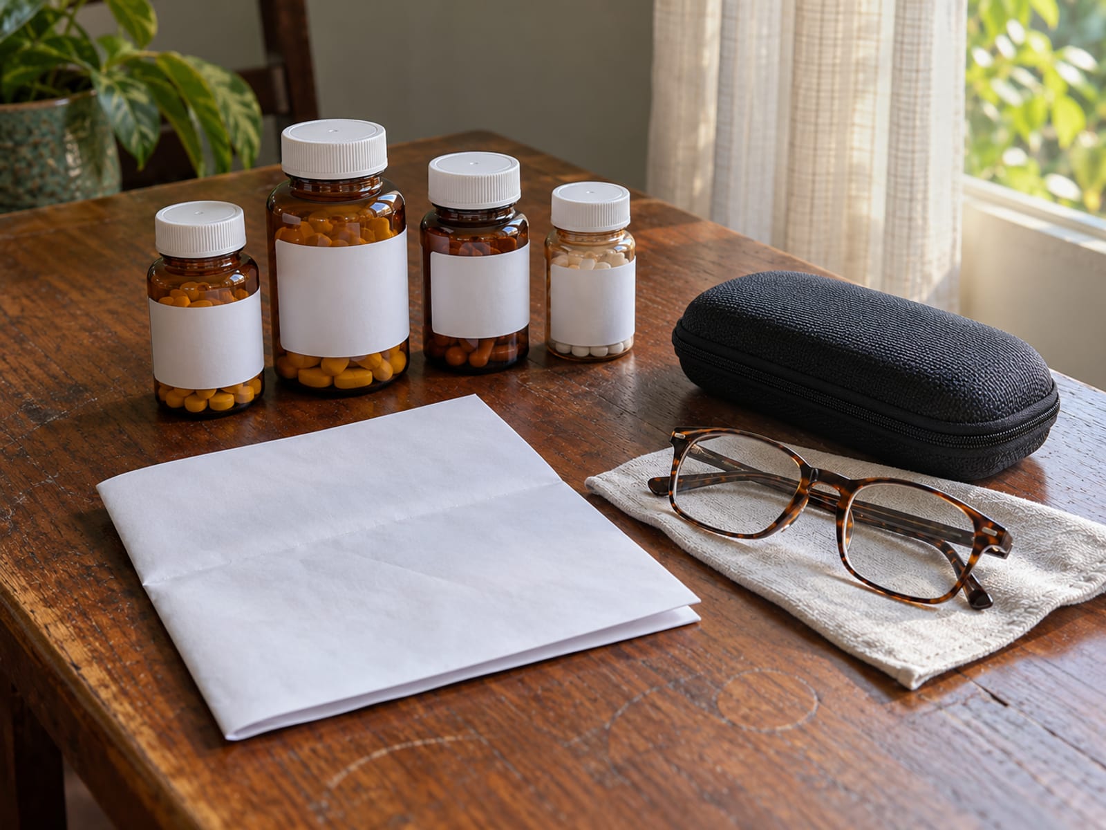 Several plain pill containers with blank labels and a folded blank paper beside a small closed zipped case on a table