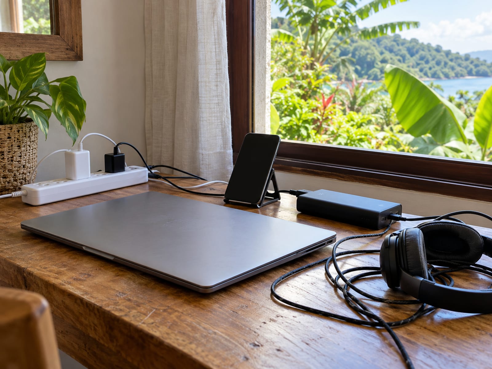Closed laptop, a power strip, a phone and several coiled cables on a desk by a window with green leaves