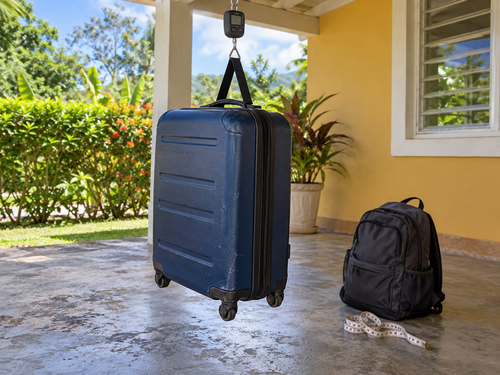 Packed suitcase hanging from a hook luggage scale above a concrete floor, a tape measure and a smaller bag nearby