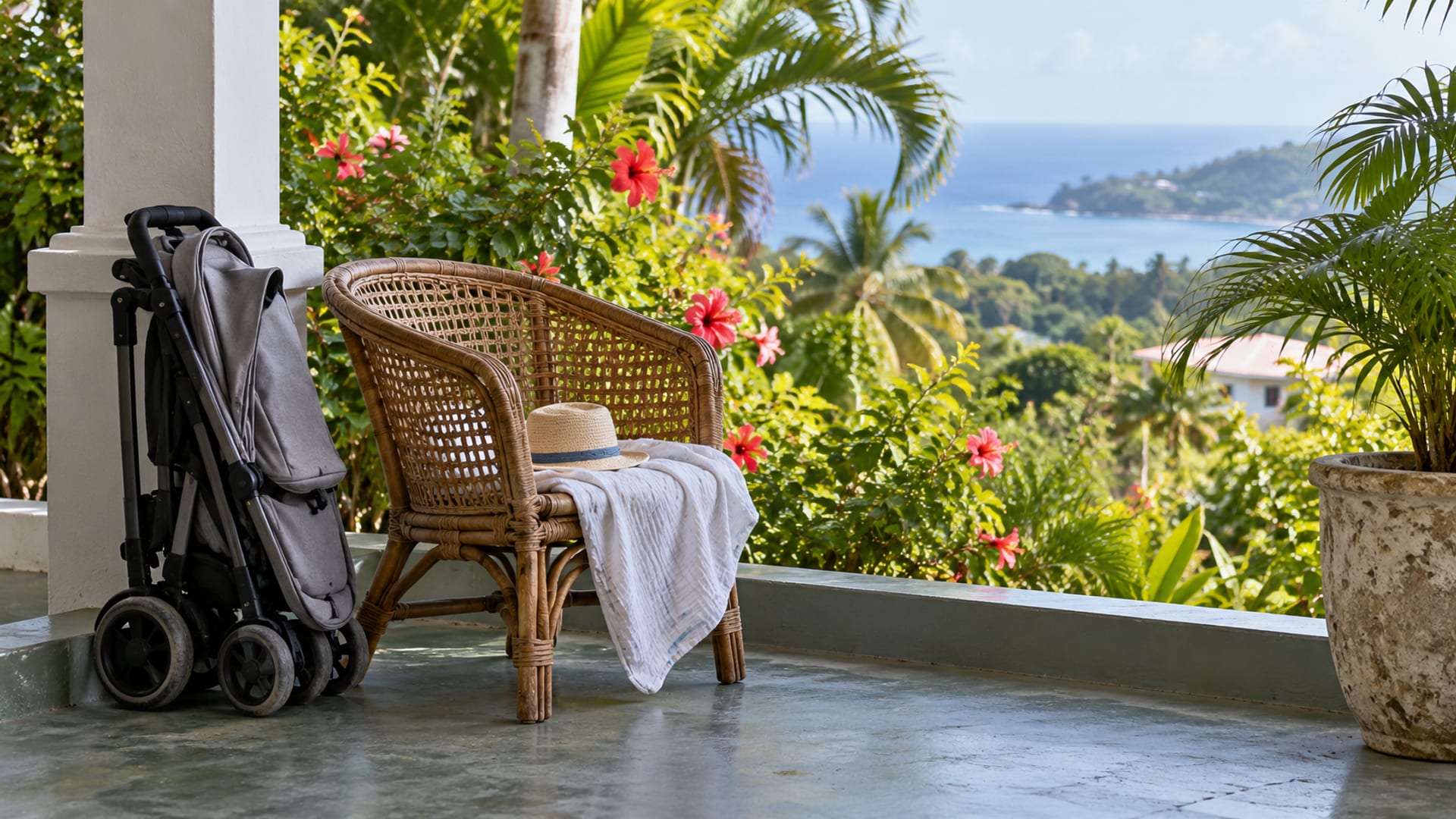 Empty folded lightweight stroller with a muslin blanket and a hat on a shaded veranda, garden and sea haze beyond