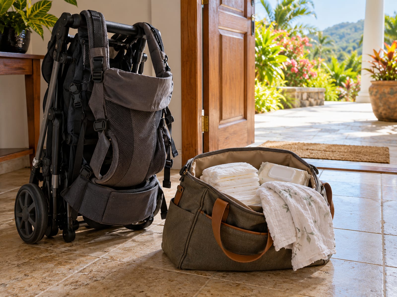 Plain baby carrier, a folded stroller and an open changing bag with unlabelled nappies and wipes beside an open door