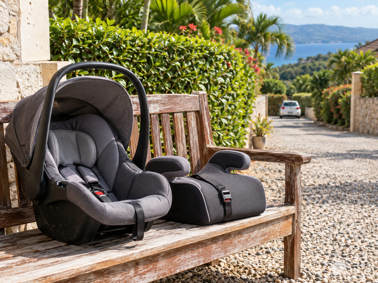 Empty infant car seat and a booster cushion on a wooden bench beside a gravel drive, a distant plain car far down the road