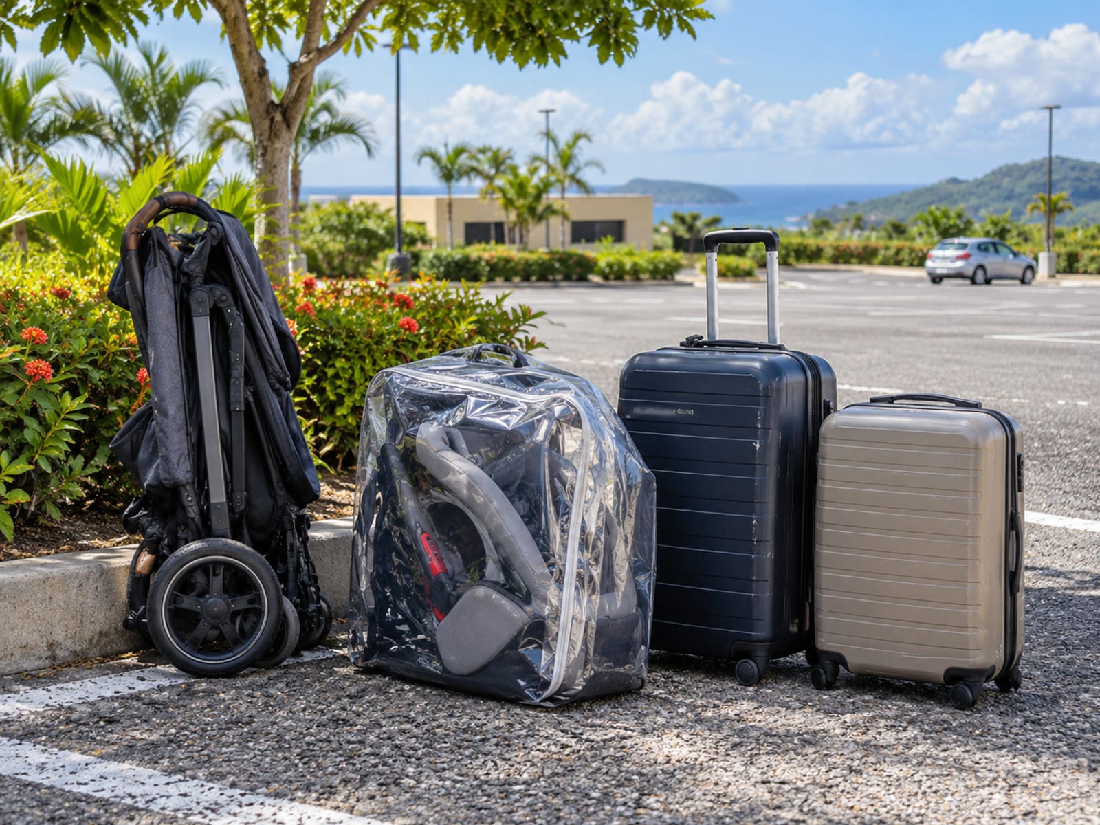 Folded stroller and a car seat in a clear protective bag next to two suitcases on a car park kerb, a small distant plain car beyond