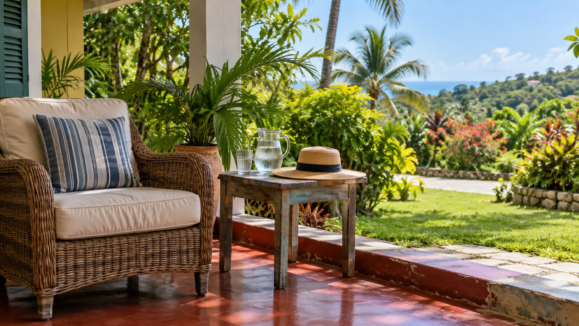 Empty cushioned chair and a small table on a shaded veranda looking onto a tropical garden