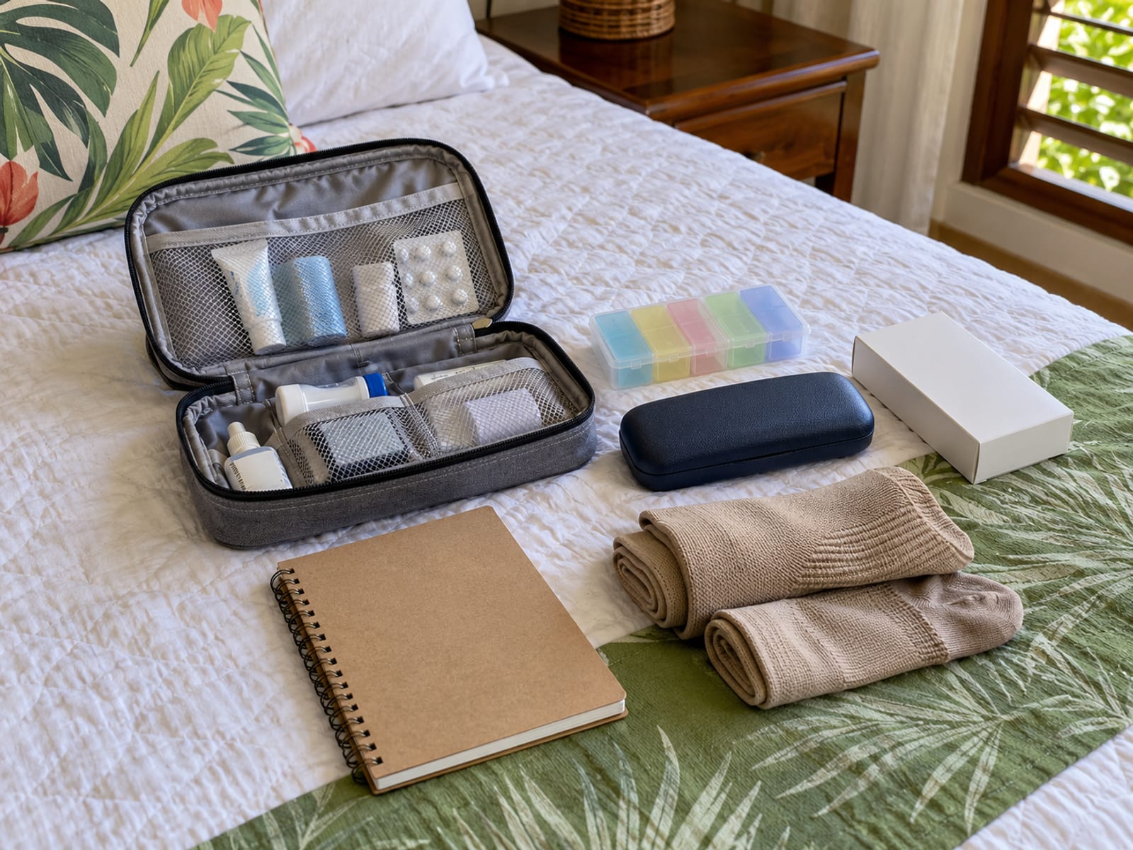 Zip pouch, plain pill organiser, glasses case, blank medicine box and compression socks on a bed