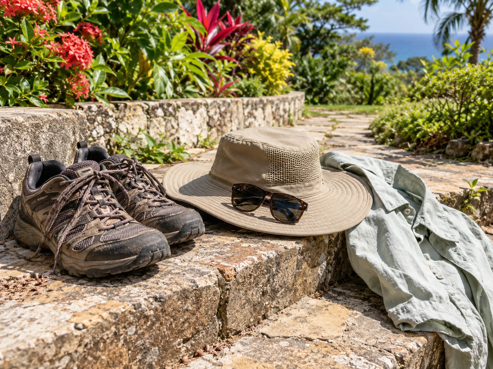 Supportive walking shoes, wide brim hat and sunglasses on a stone step beside a garden path