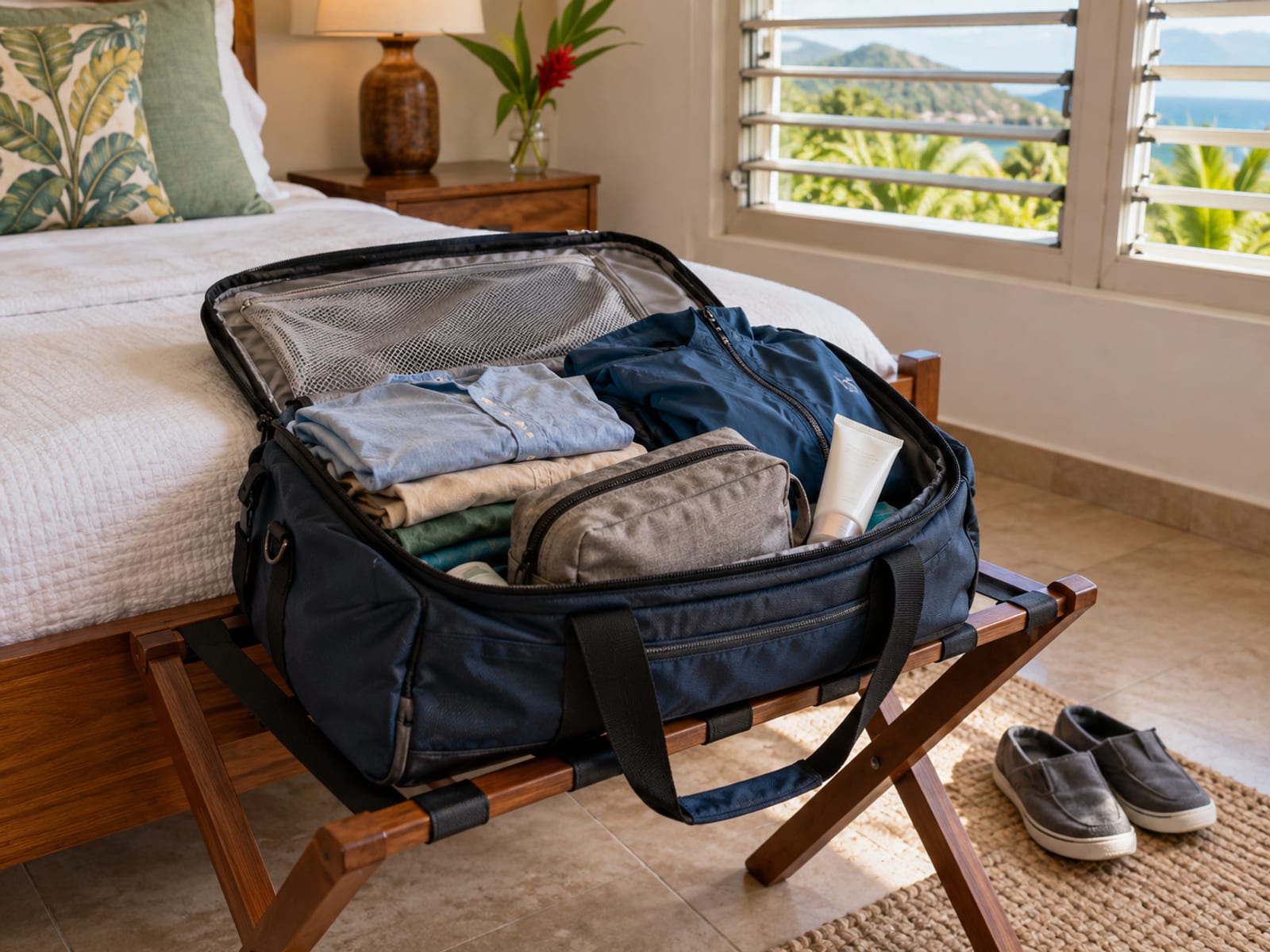 Small bag with neatly folded clothes, a rain jacket and a toiletry bag on a luggage rack