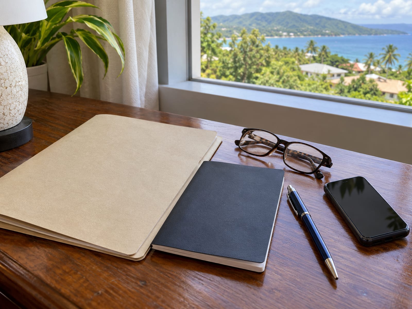 Closed plain folder, a dark booklet with a blank cover, a pen and reading glasses on a desk