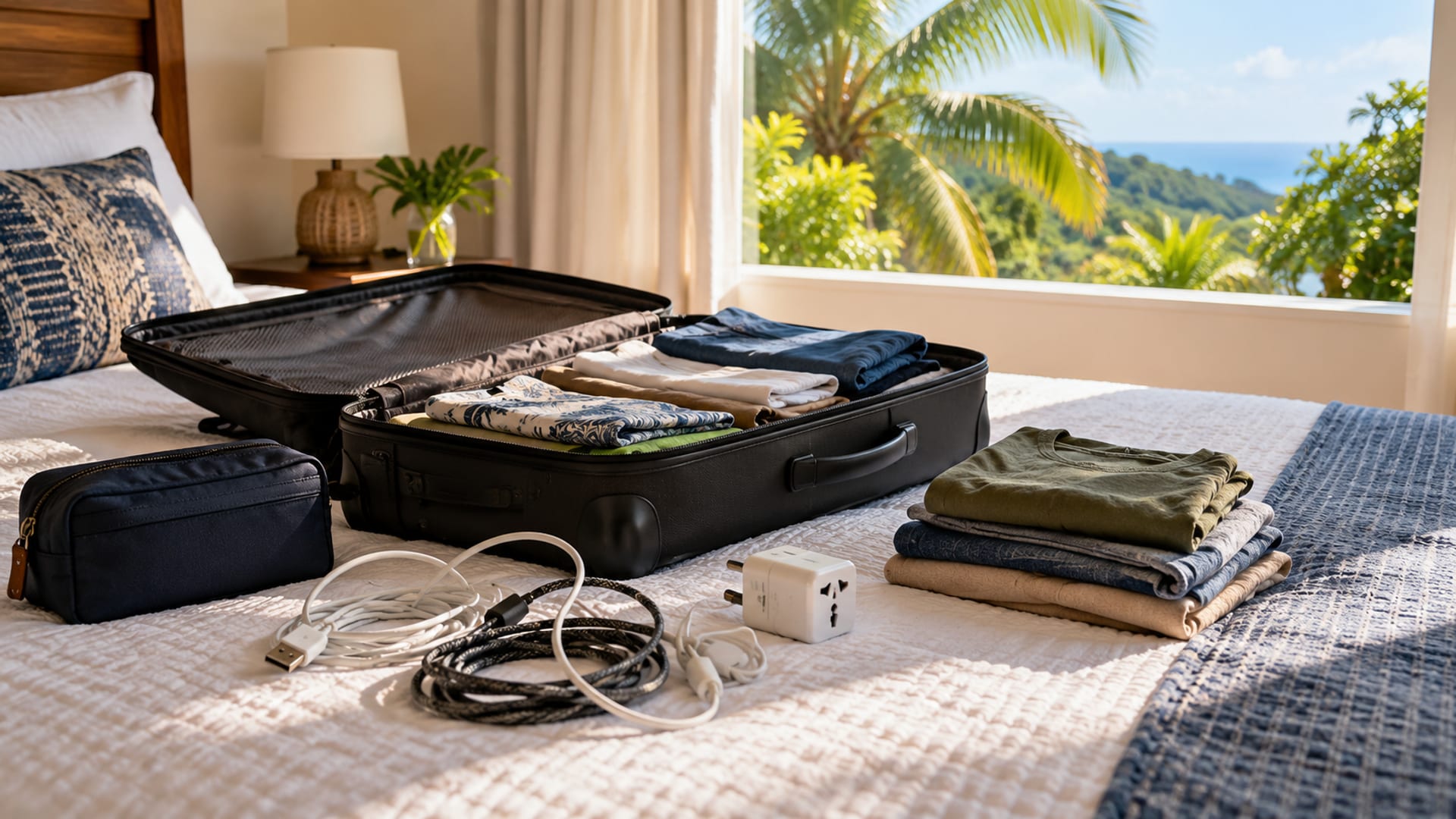 Half packed suitcase beside a tangle of charging cables and a plug adapter on a bed by a sunny window