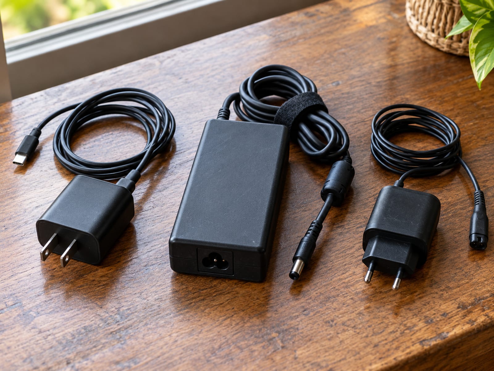 Phone charger, laptop power brick and a shaver charger laid side by side on a wooden table with plain surfaces