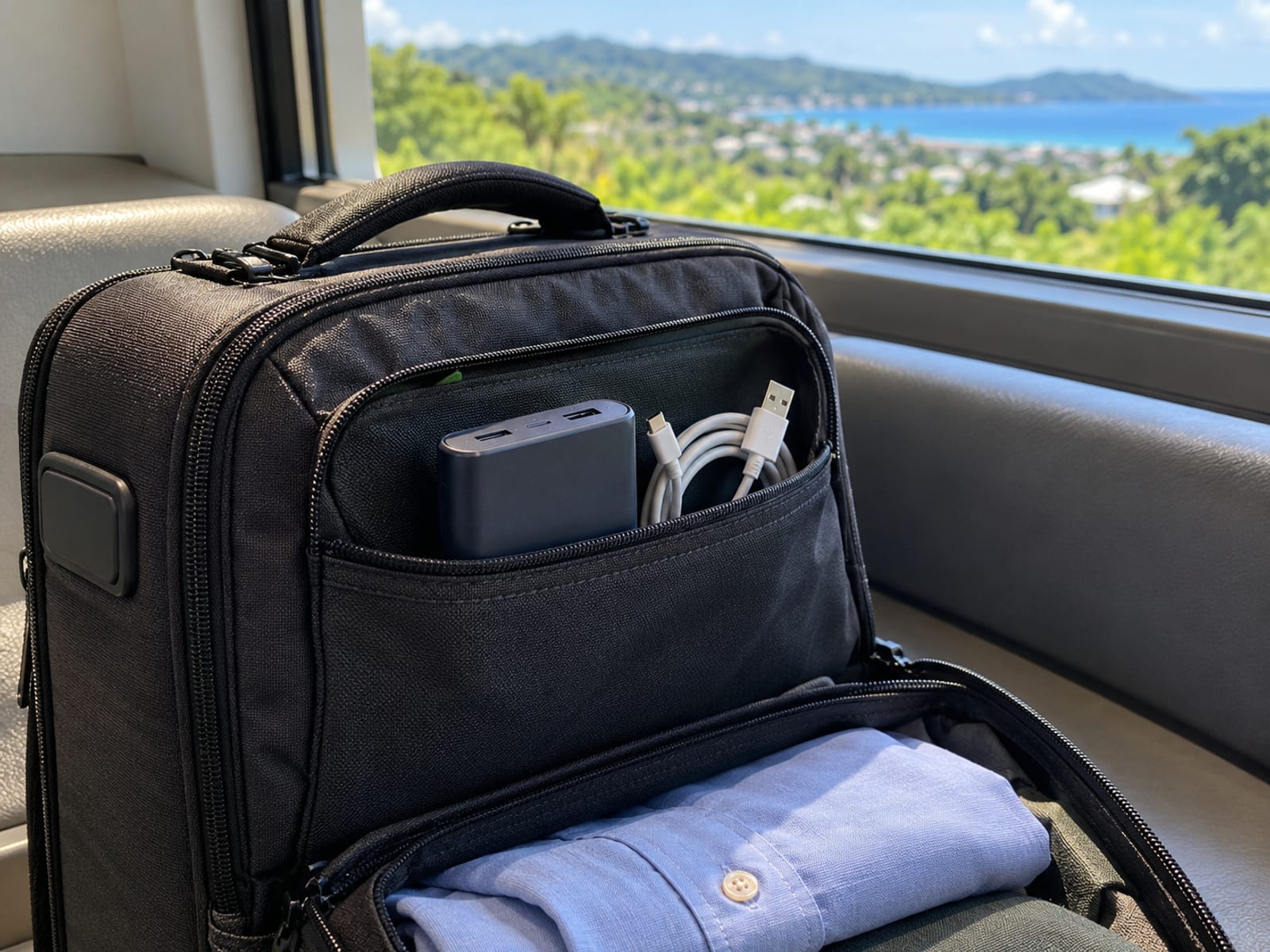 Power bank and phone cable resting inside the open top pocket of a small cabin bag