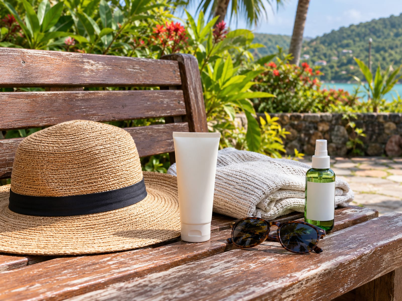 Unmarked sunscreen tube, wide brim hat, light sweater and repellent bottle on a wooden bench