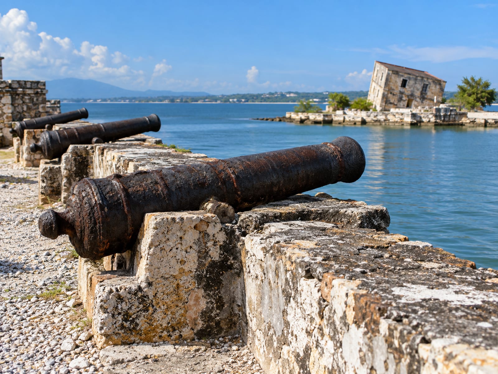 Weathered stone rampart with iron cannons pointing across a calm harbour and a small tilted stone outbuilding beyond