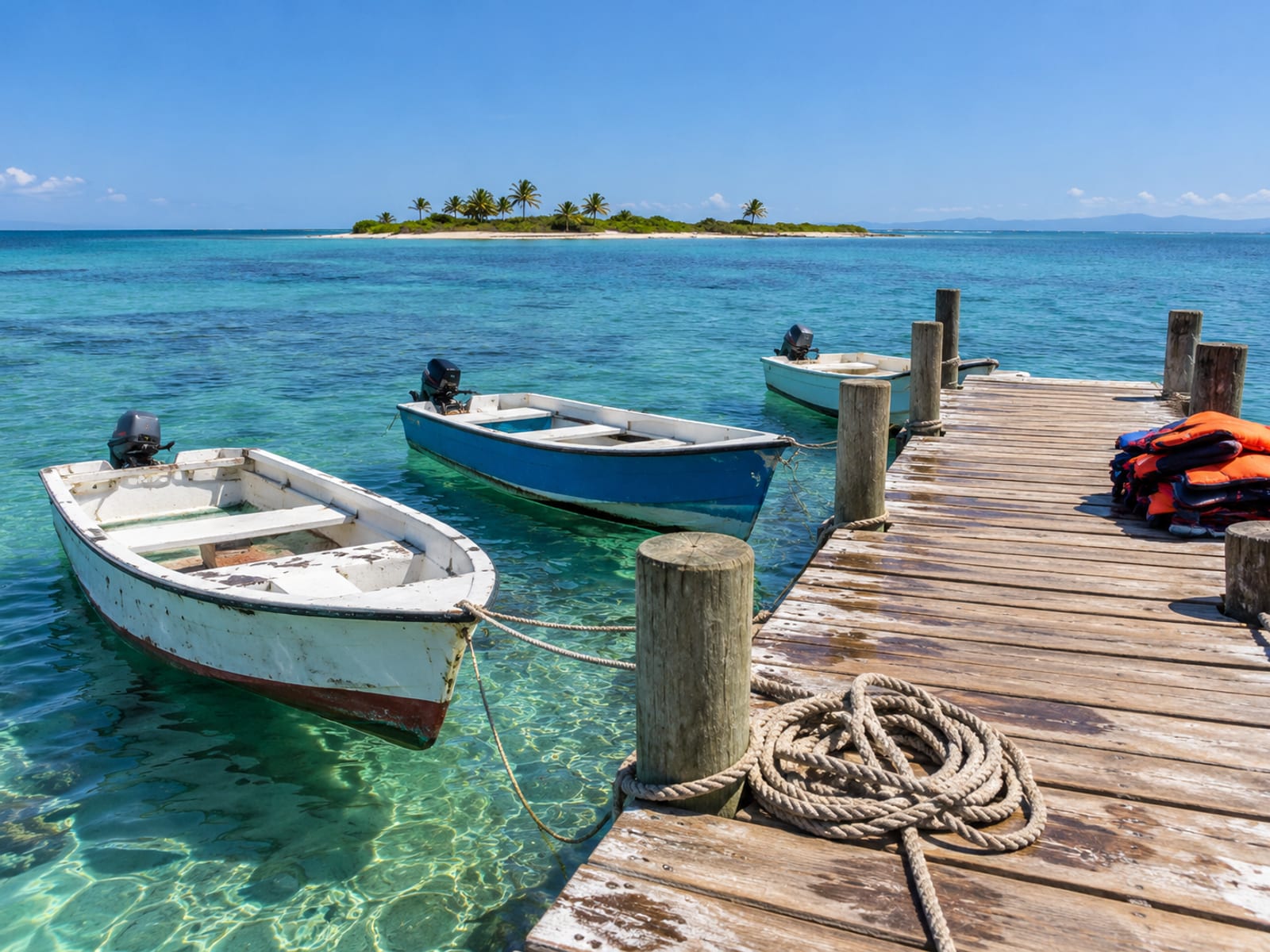 Small wooden jetty with several empty moored boats on clear shallow green water and a low sandy cay on the horizon