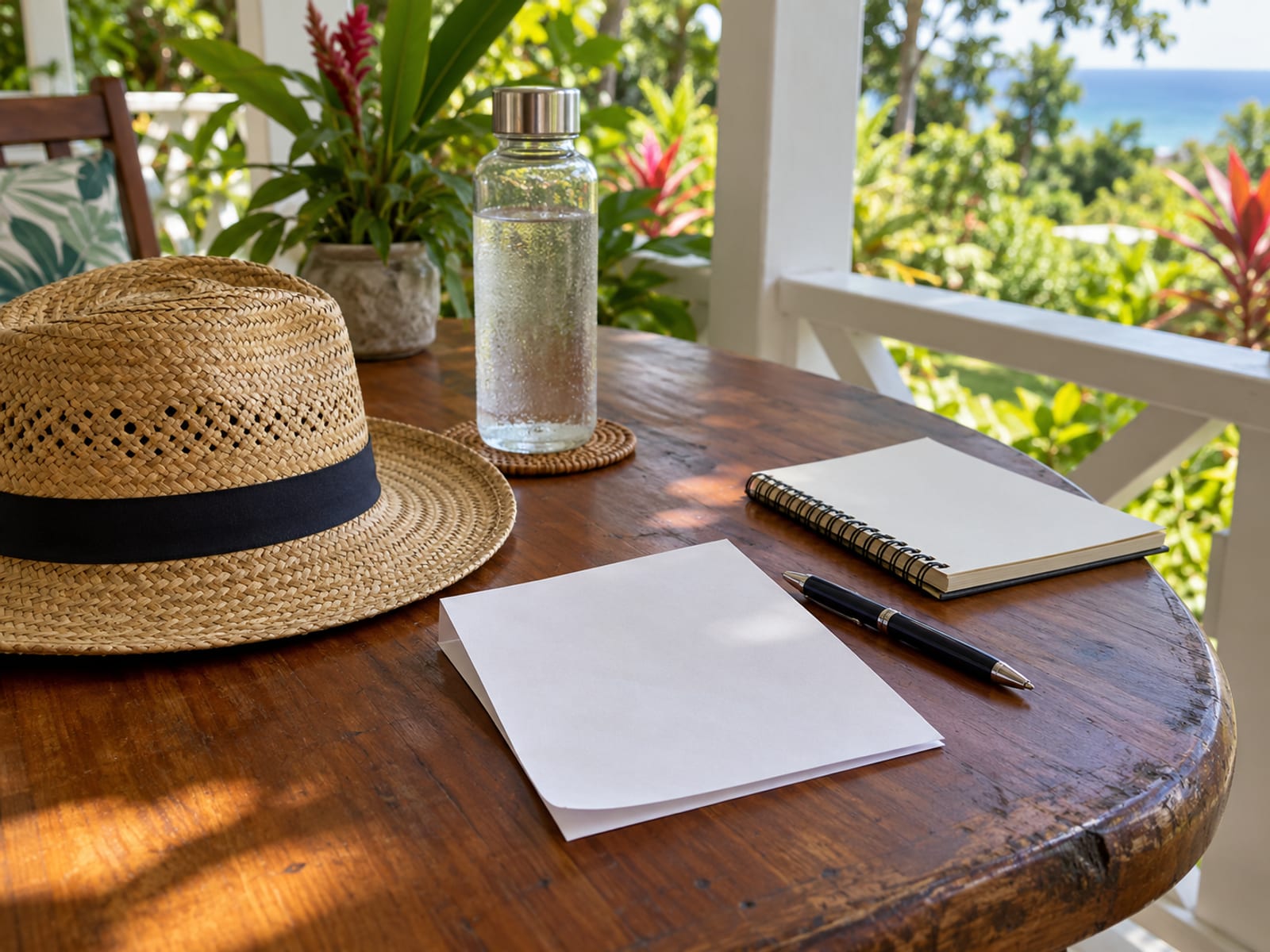 Blank folded paper, pen, straw hat and water bottle on a shaded wooden table with garden leaves behind