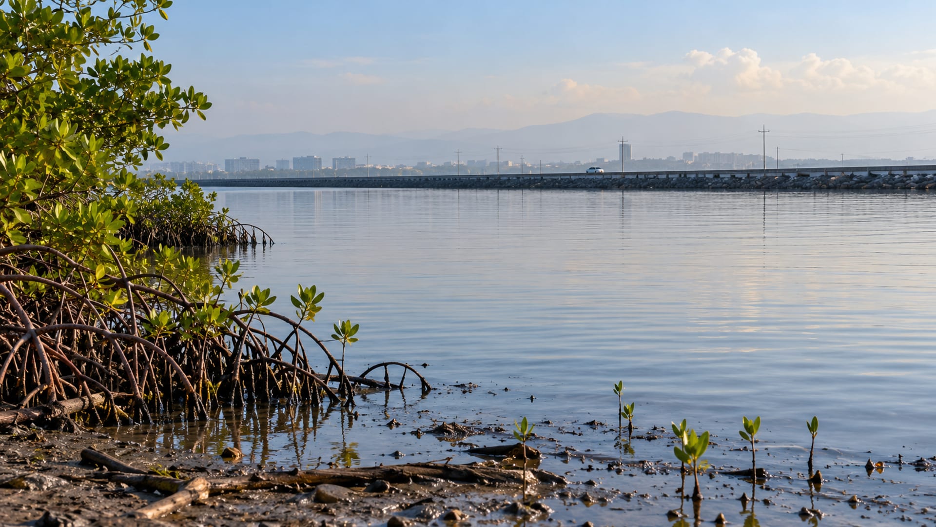 Wide view of a straight causeway road crossing calm harbour water toward a hazy city skyline, with one tiny plain vehicle far along the road.