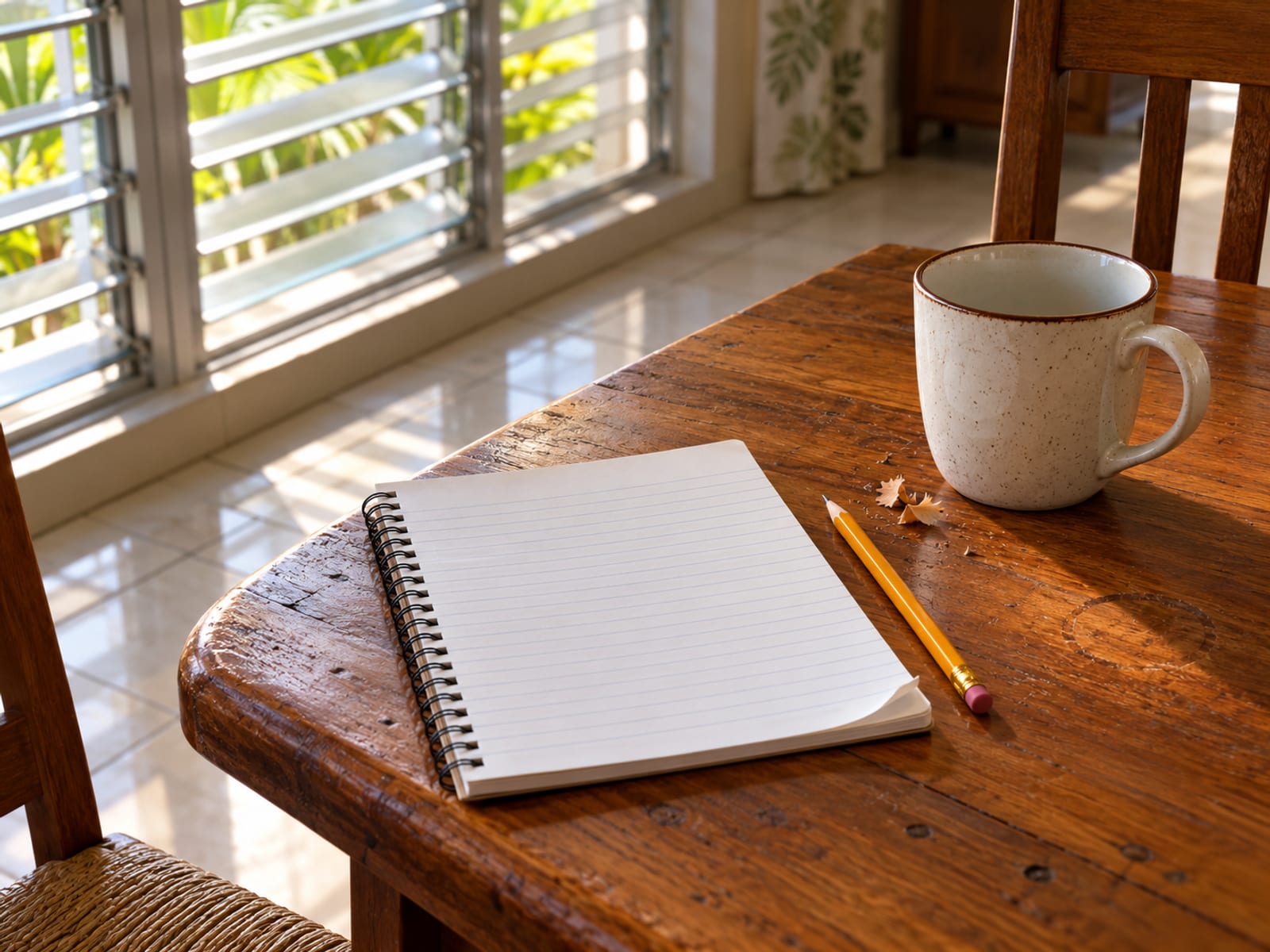 A blank lined notepad, a pencil and an empty mug on a wooden table beside a window with louvre blades and bright light.