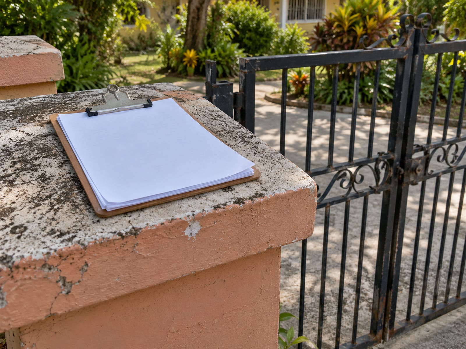 A clipboard holding blank printed forms rests on the flat top of a concrete gatepost, with a closed metal gate and a leafy yard behind it.