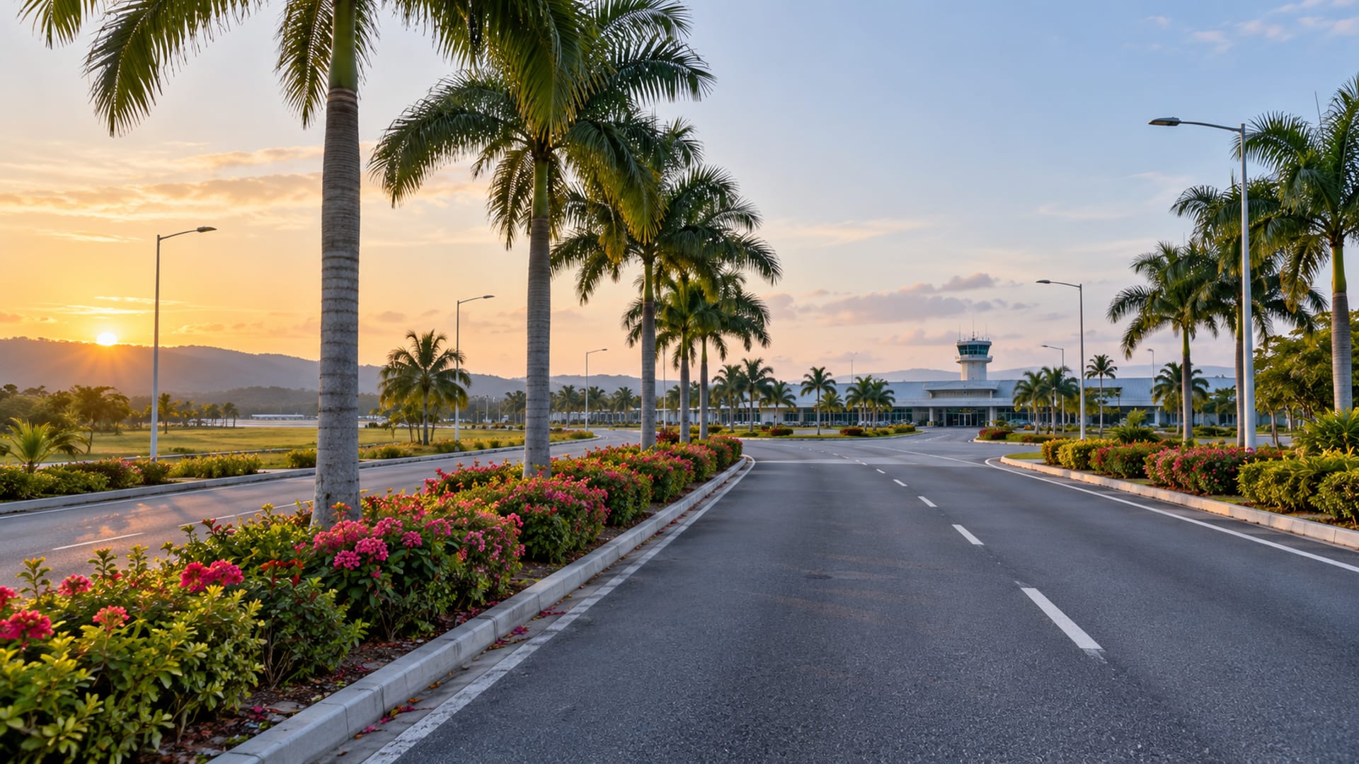 A palm-lined airport approach road at sunrise