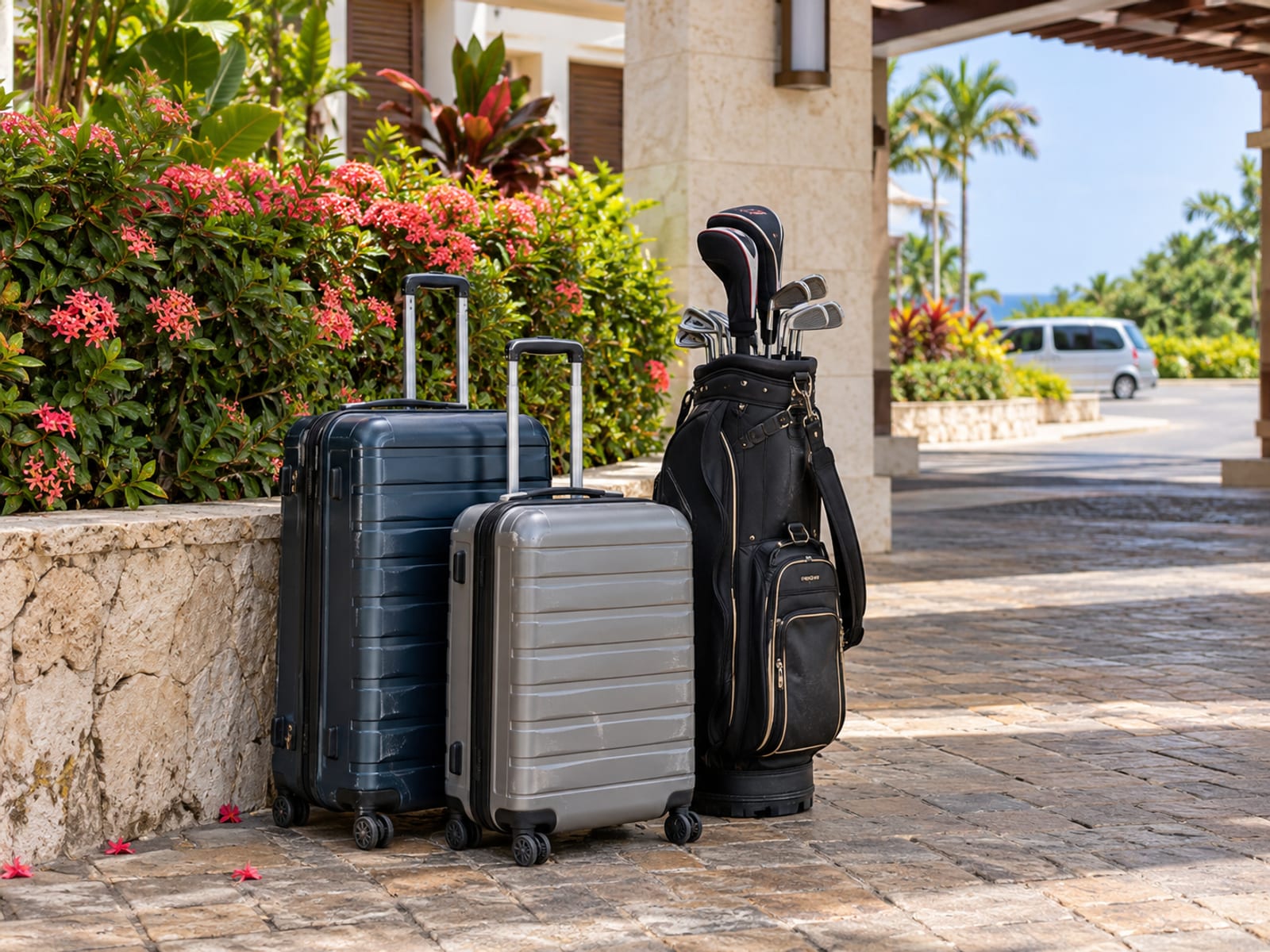Suitcases and golf clubs on a hotel forecourt