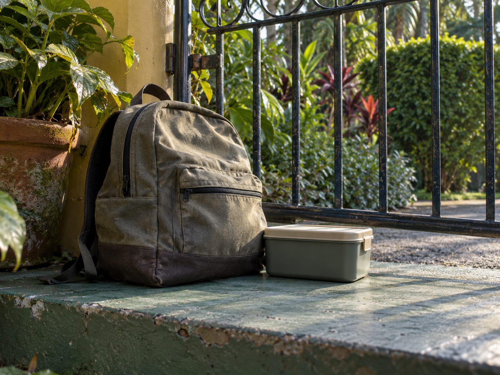 School bag and lunch box resting on a verandah step beside a home gate in early morning light