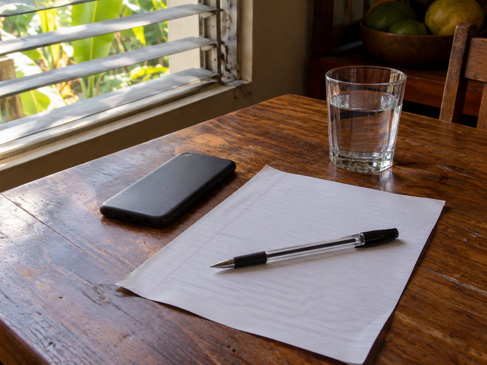 Blank sheet of paper with a pen and phone on a wooden kitchen table beside a window
