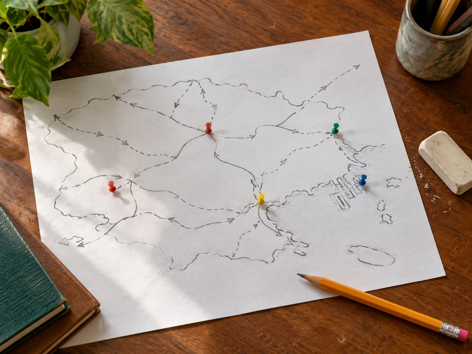 Top-down view of a blank sheet with hand drawn lines and arrows and coloured map pins on a wooden desk