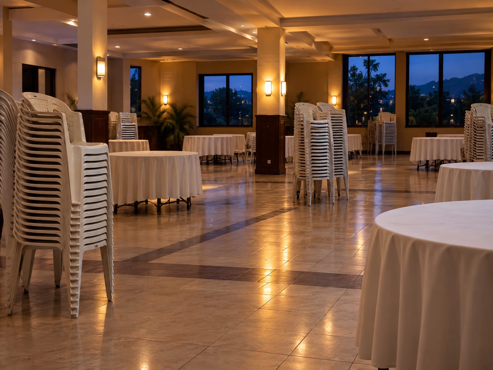 Rows of stacked plastic chairs and bare round tables in a dim hall lit by a few wall lights