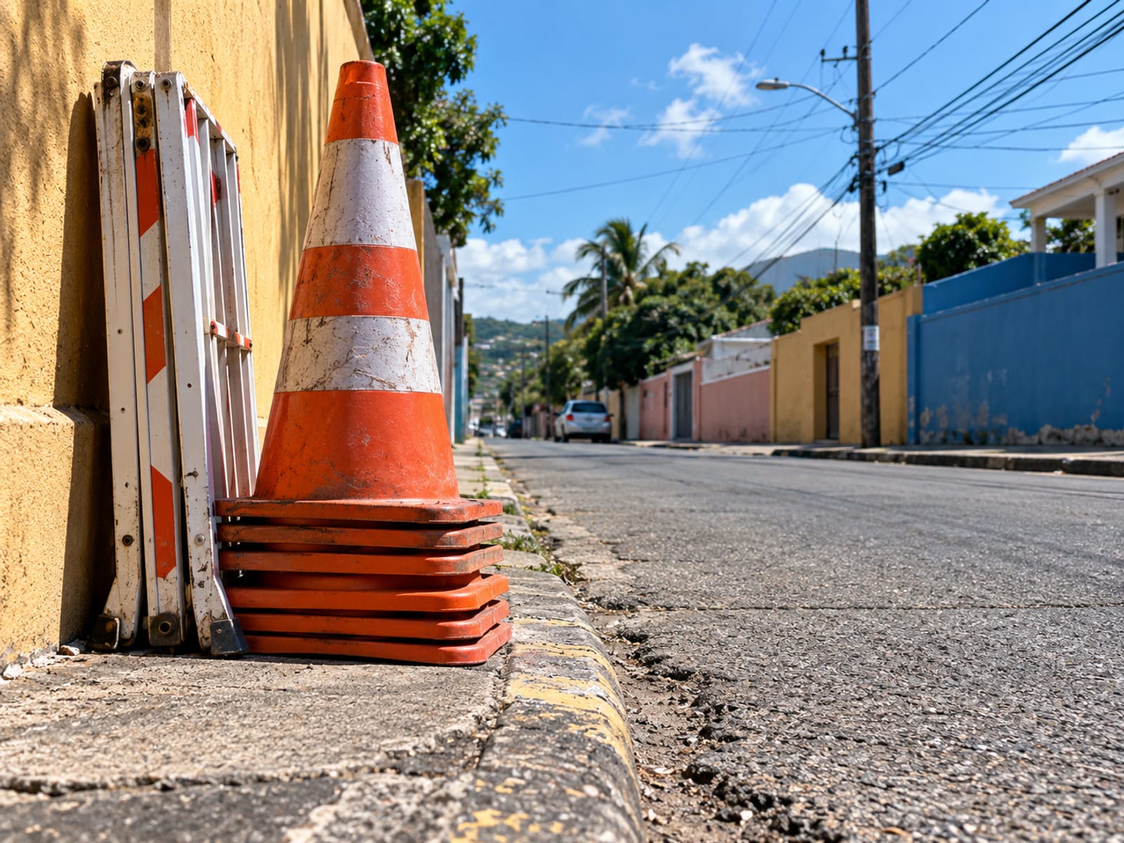 Stack of orange traffic cones at a kerb on a quiet street with low buildings beyond