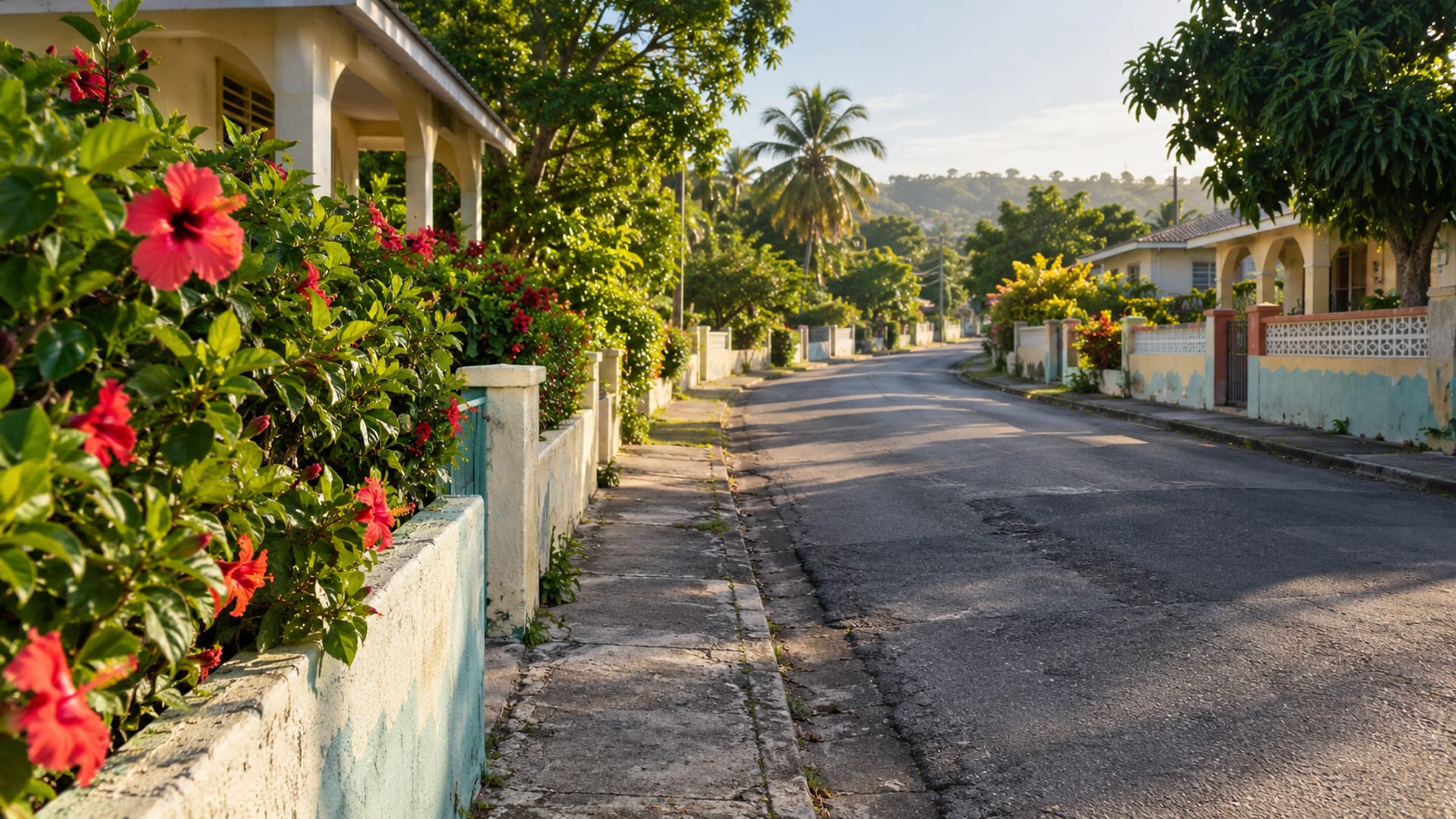Quiet residential street in Jamaica with hibiscus hedges, empty tarmac and verandah houses in soft morning light