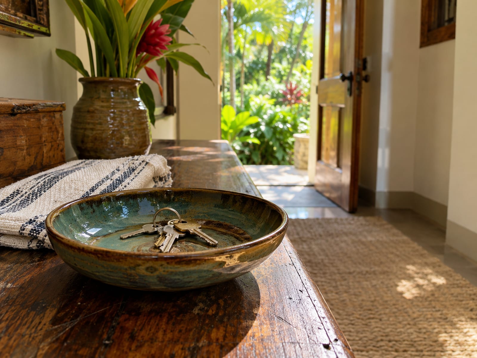Set of keys in a ceramic dish on a wooden hallway console with a garden visible through an open door