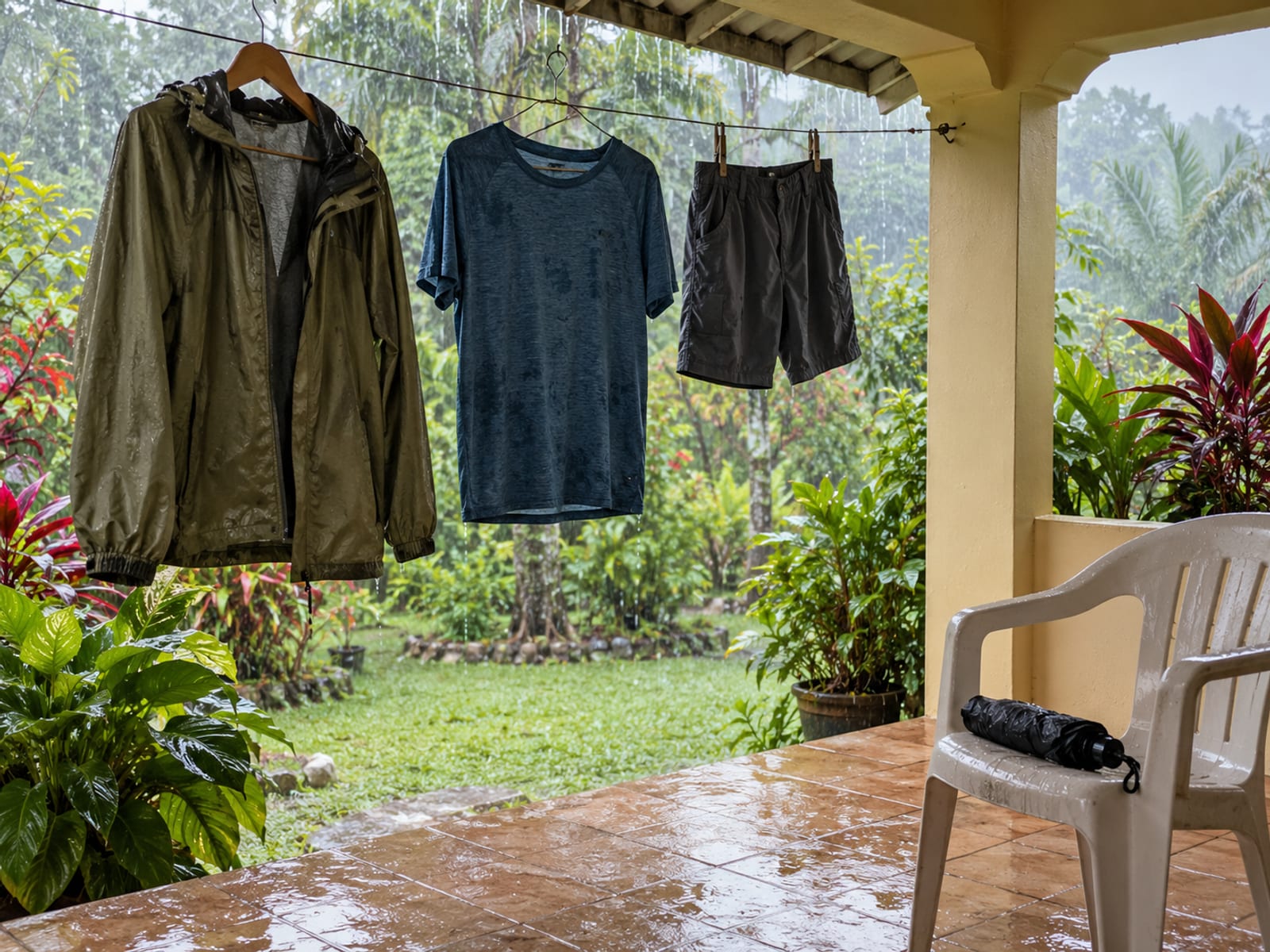 Light rain jacket, quick dry shirt and shorts hanging on a line under a veranda roof with rain beyond