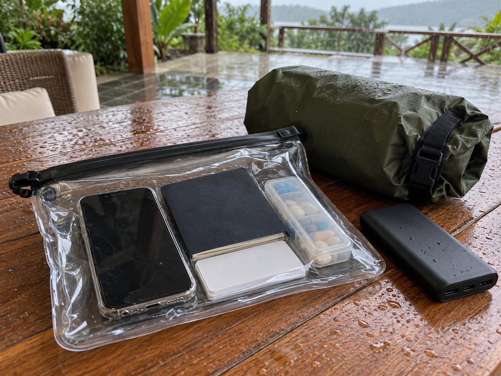 Clear waterproof pouch holding a phone, blank cards and a closed pill organiser beside a small dry bag