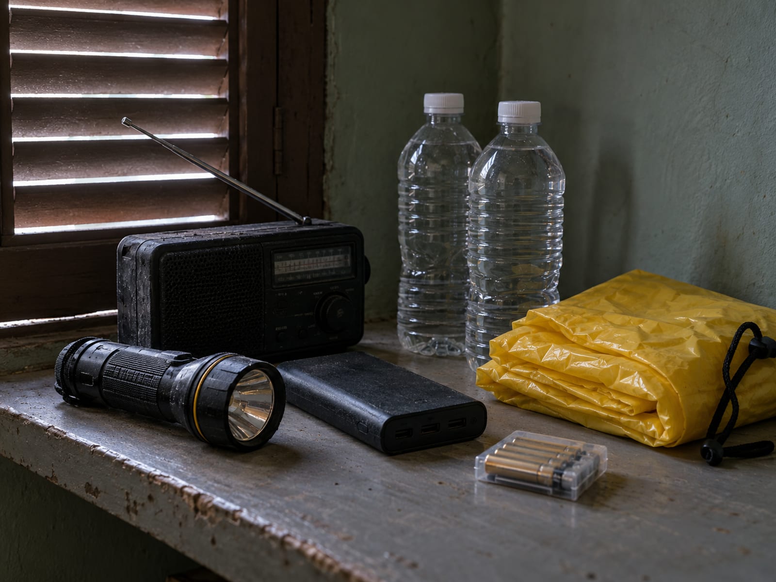 Small battery radio, torch, power bank and bottled water on a shelf with a closed window shutter