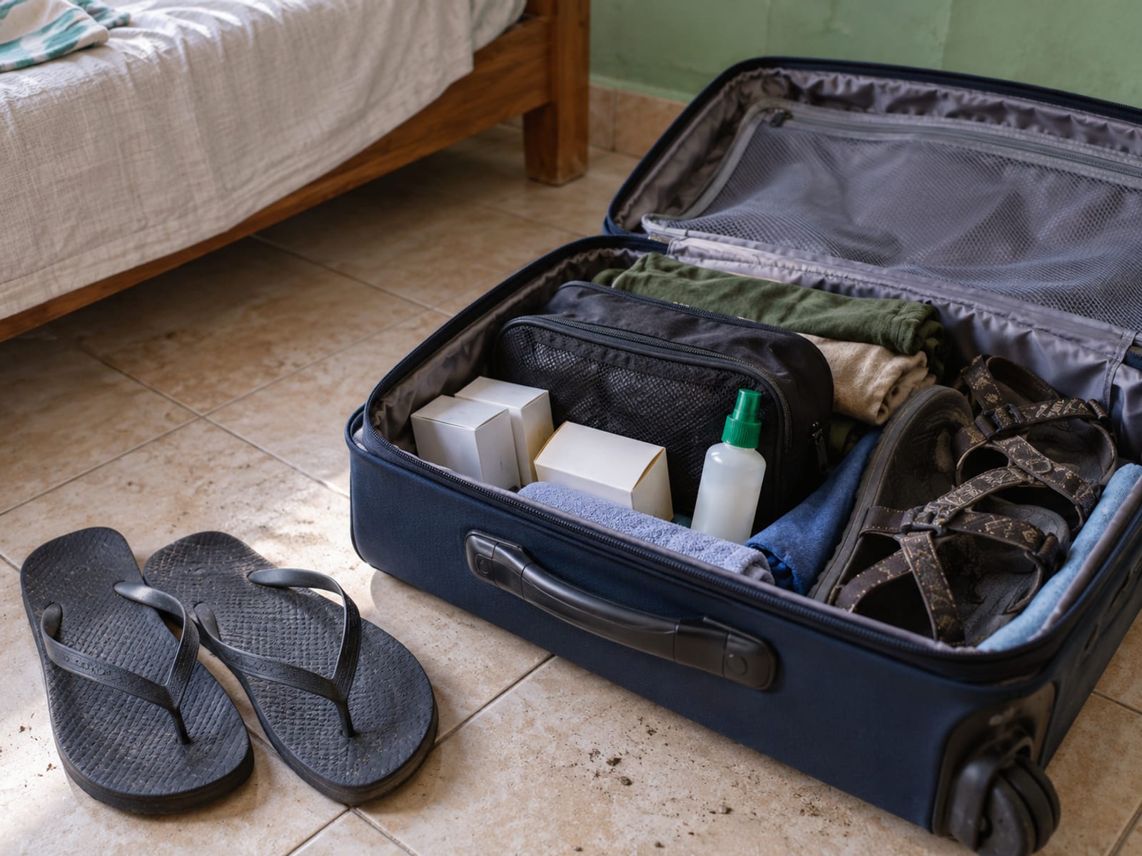 Open suitcase with a toiletry bag, plain medicine boxes and spare sandals beside a pair of rubber sandals
